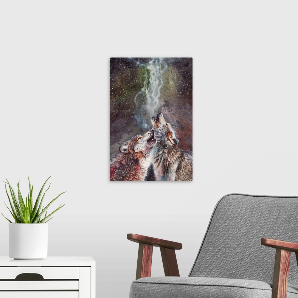 A modern room featuring Originally painted with watercolors, a portrait of two howling timber wolves on a cold and snowy ...
