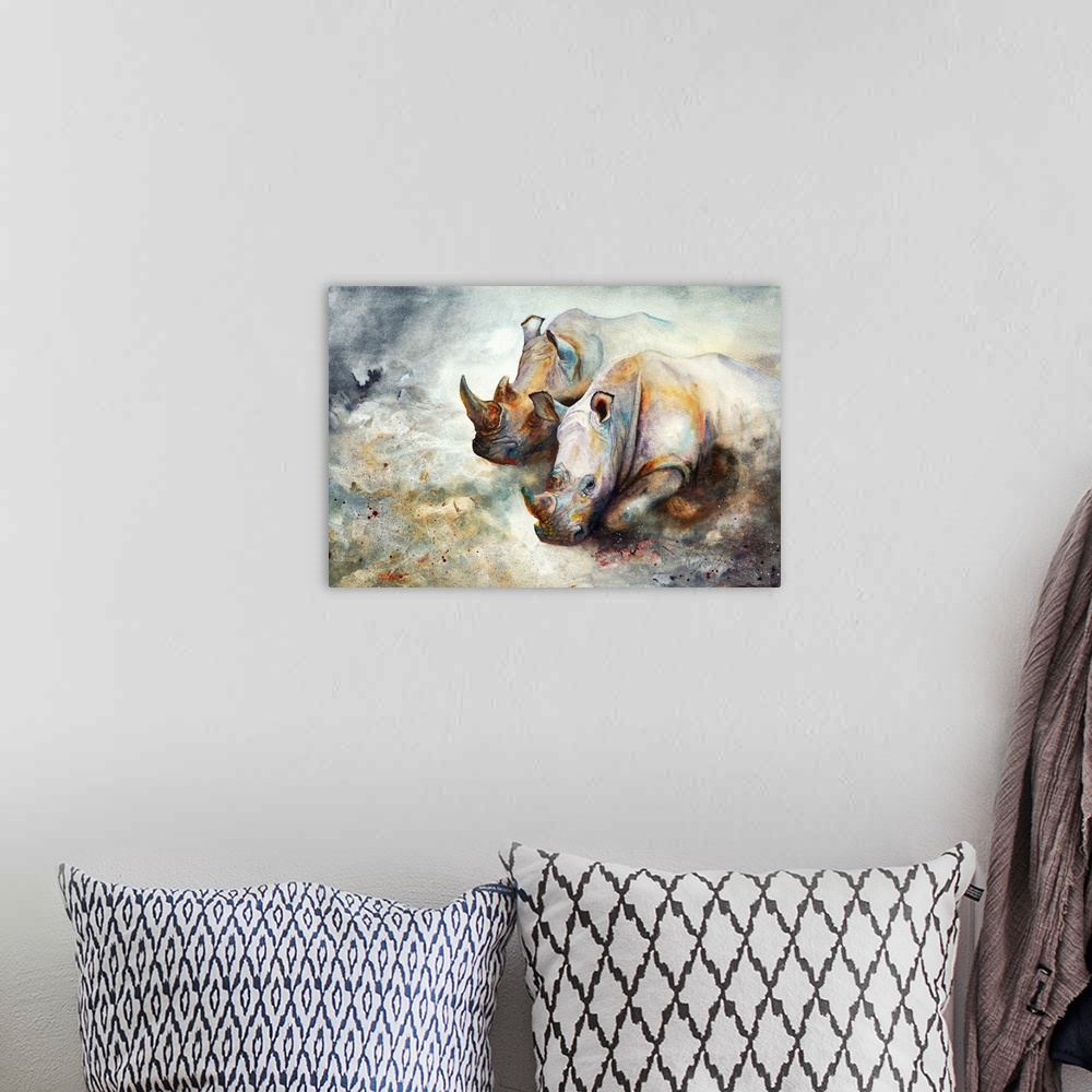 A bohemian room featuring An impressionistic painting of charging African rhino, created with watercolour and iridescent pa...
