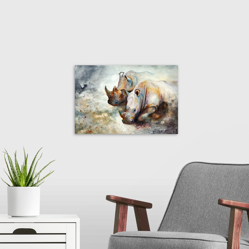 A modern room featuring An impressionistic painting of charging African rhino, created with watercolour and iridescent pa...