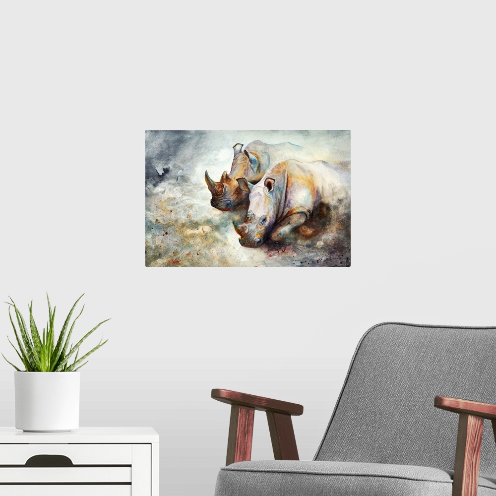 A modern room featuring An impressionistic painting of charging African rhino, created with watercolour and iridescent pa...
