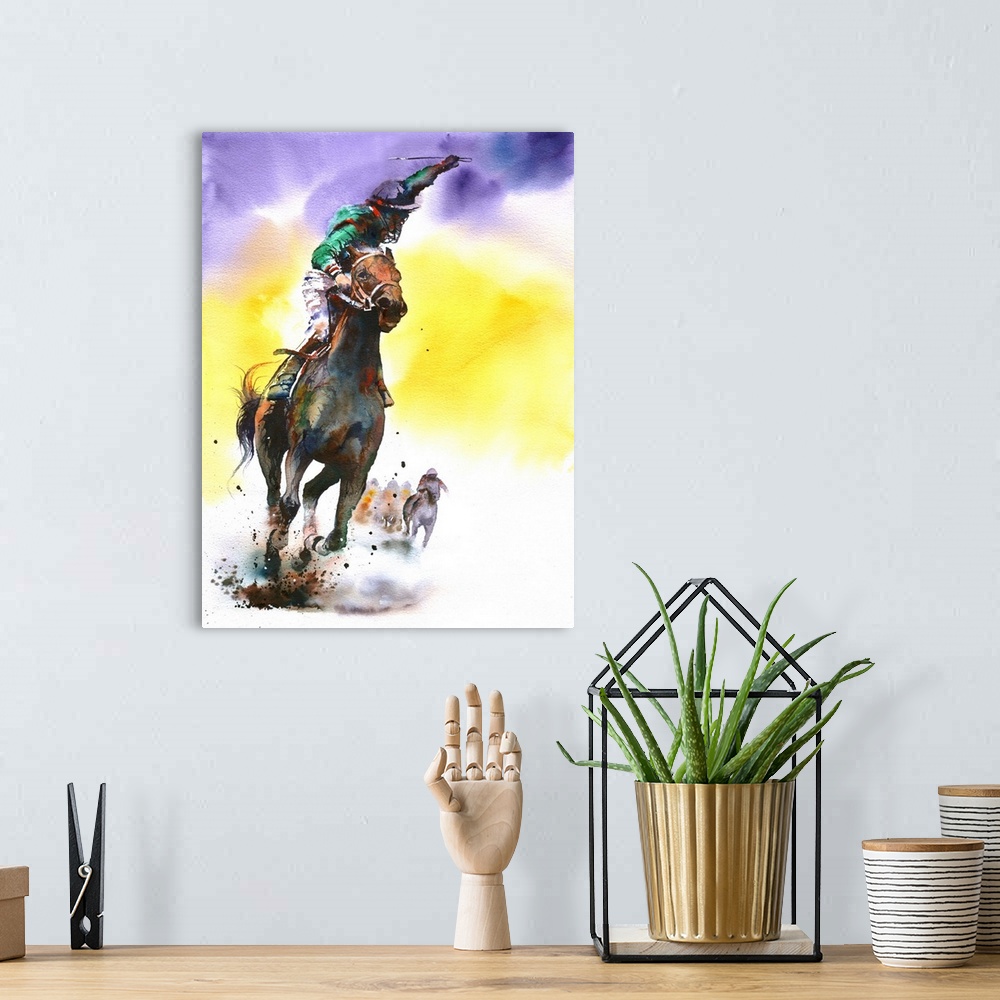 A bohemian room featuring A triumphant rider and racehorse cross the finish line.