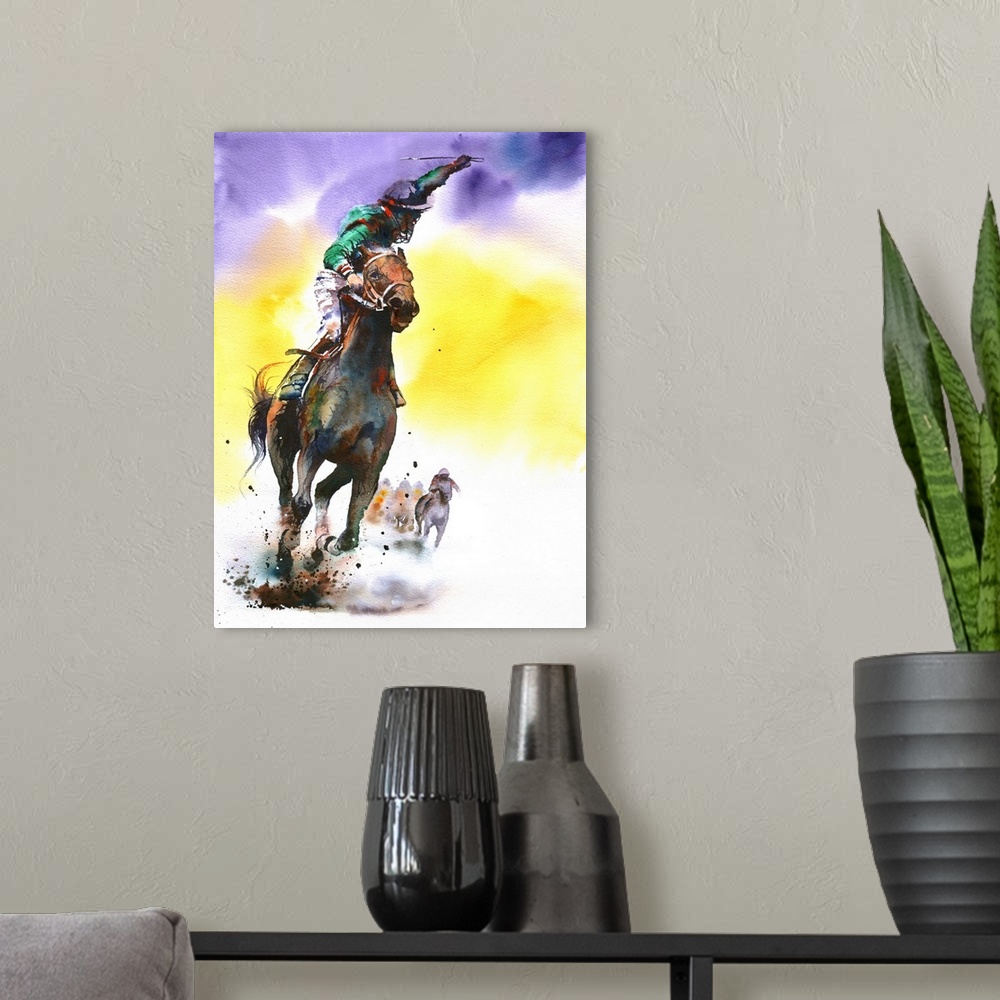 A modern room featuring A triumphant rider and racehorse cross the finish line.