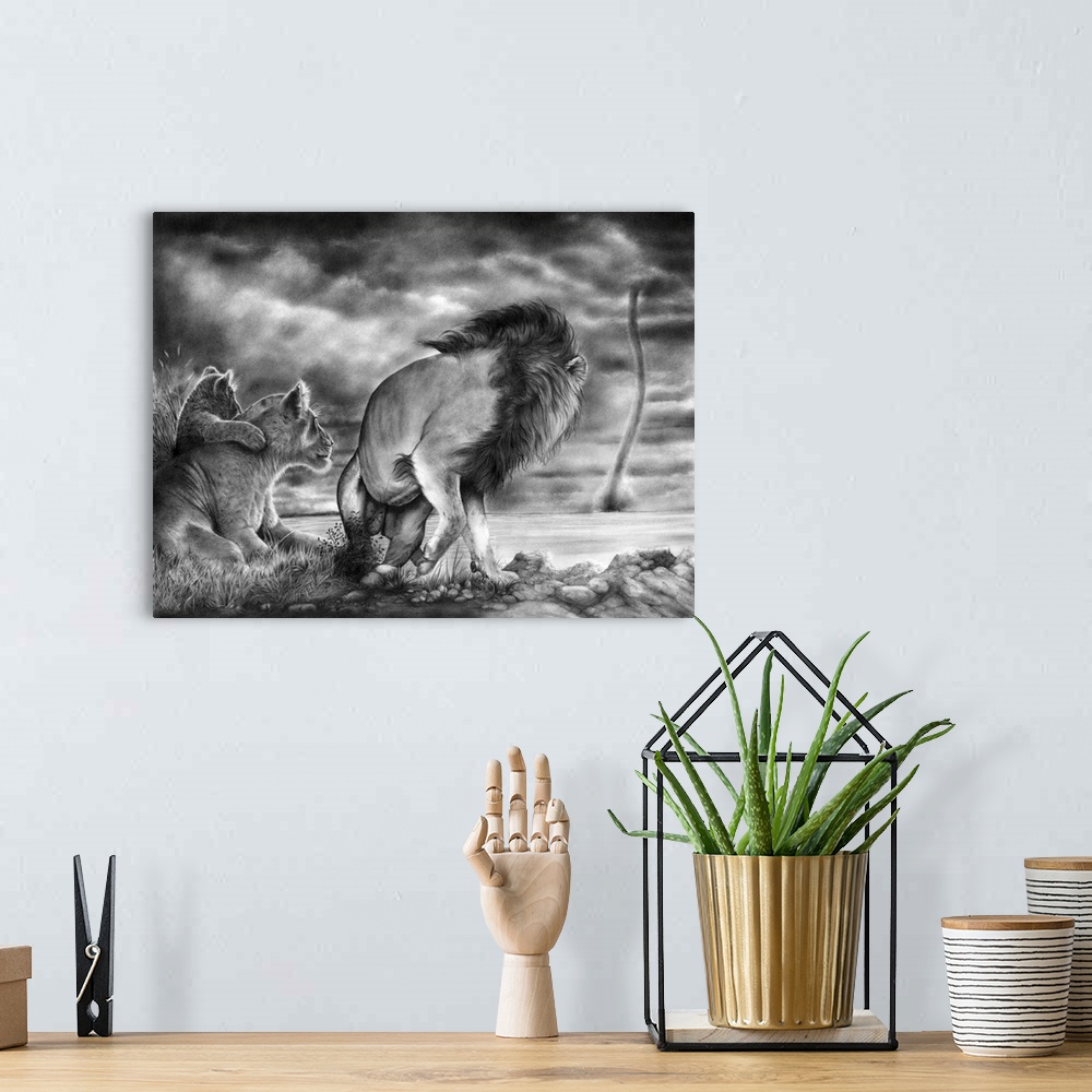 A bohemian room featuring Originally created with graphite pencil, a dramatic image of a lion family nervously looking back...