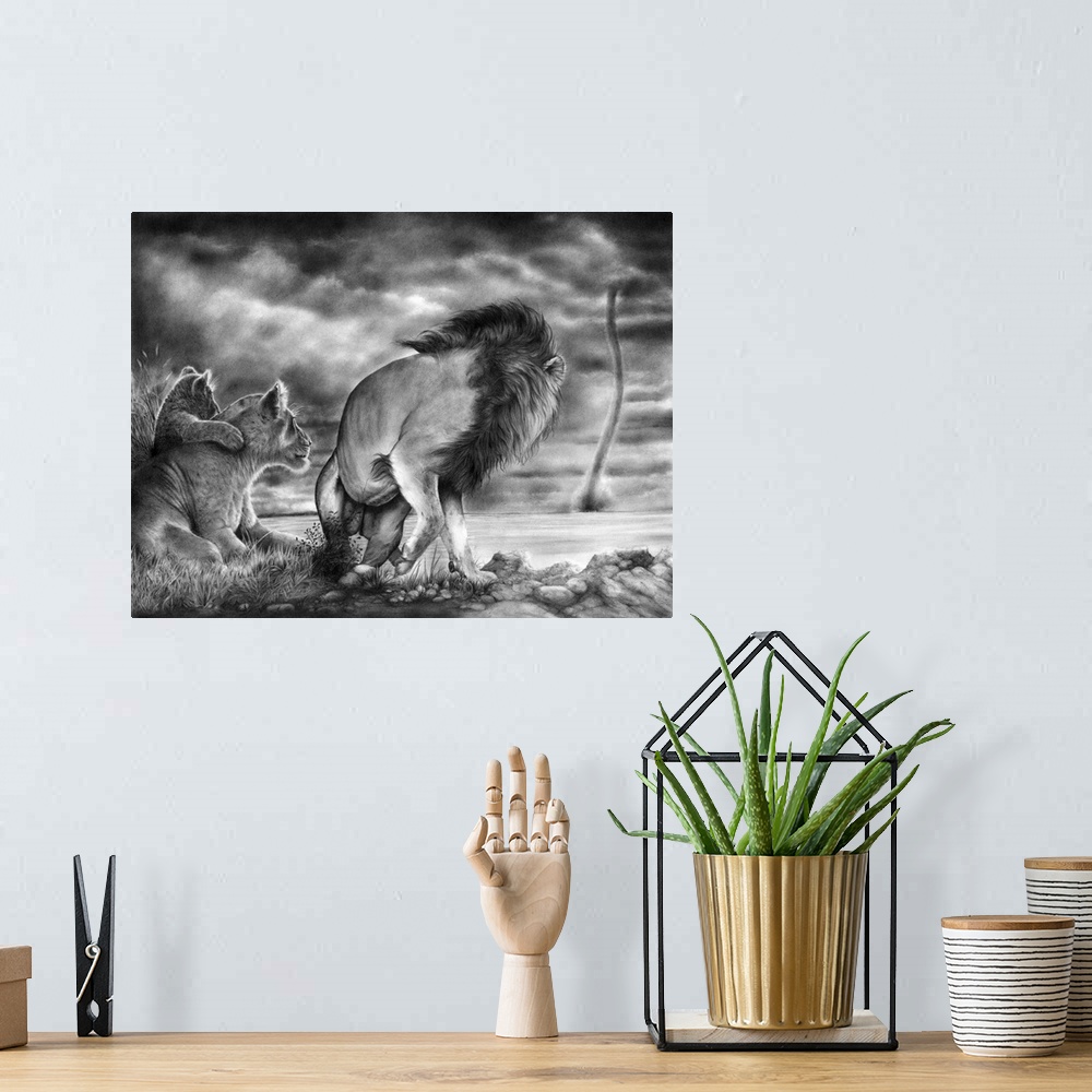 A bohemian room featuring Originally created with graphite pencil, a dramatic image of a lion family nervously looking back...