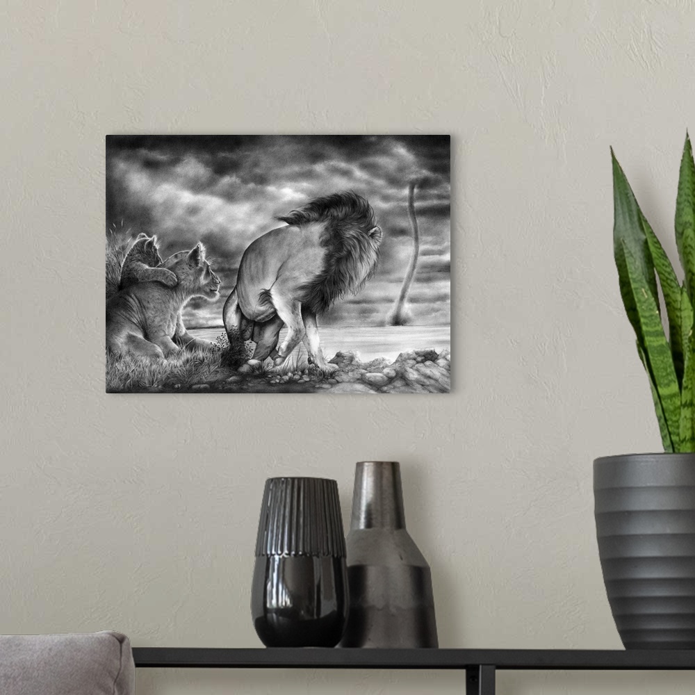 A modern room featuring Originally created with graphite pencil, a dramatic image of a lion family nervously looking back...