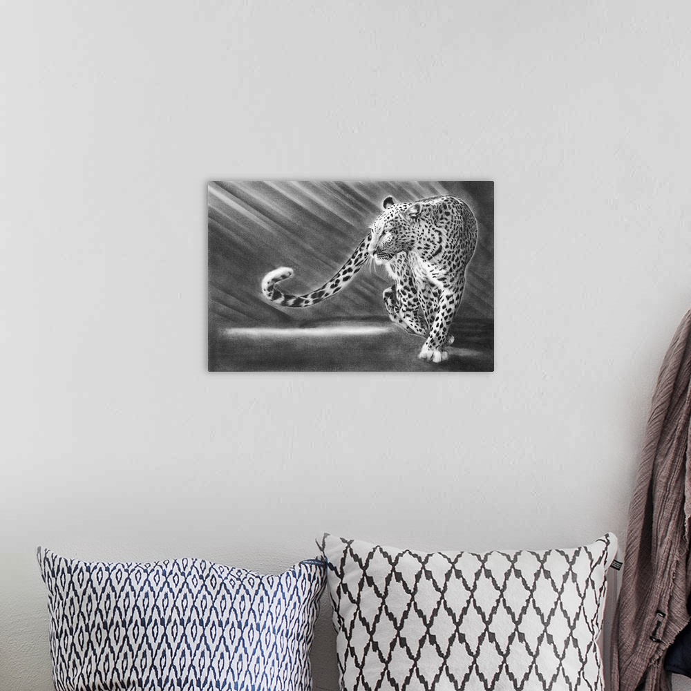 A bohemian room featuring A pencil drawing of a leopard.