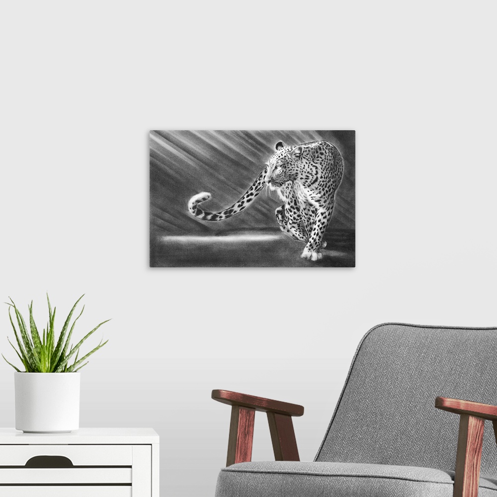 A modern room featuring A pencil drawing of a leopard.