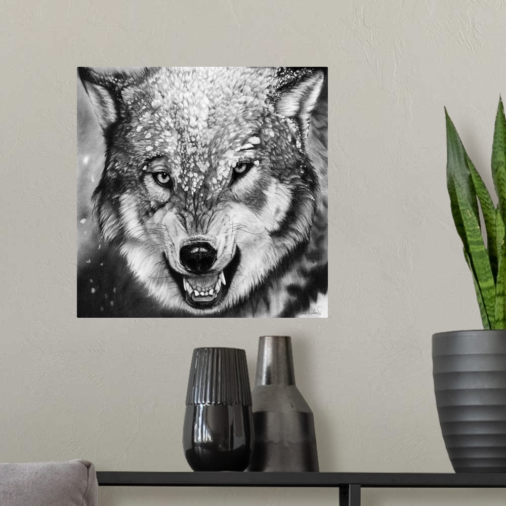 A modern room featuring A charcoal portrait of a snarling wolf in snow.