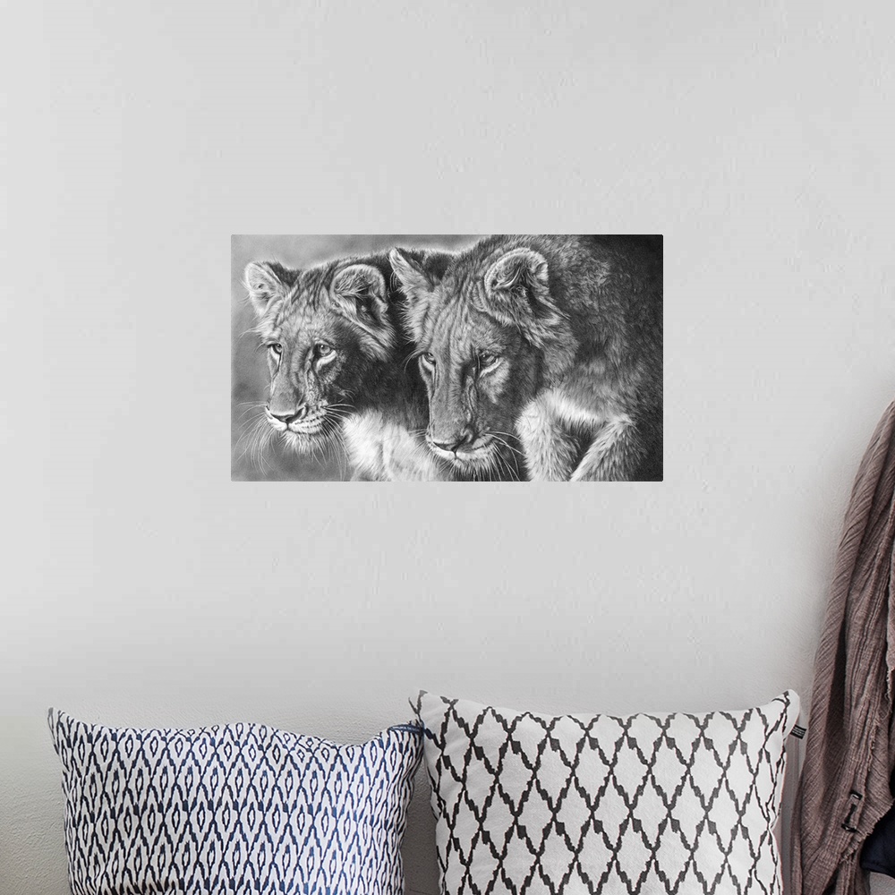 A bohemian room featuring Two adolescent lion cubs, on the prowl. Created with graphite pencil.