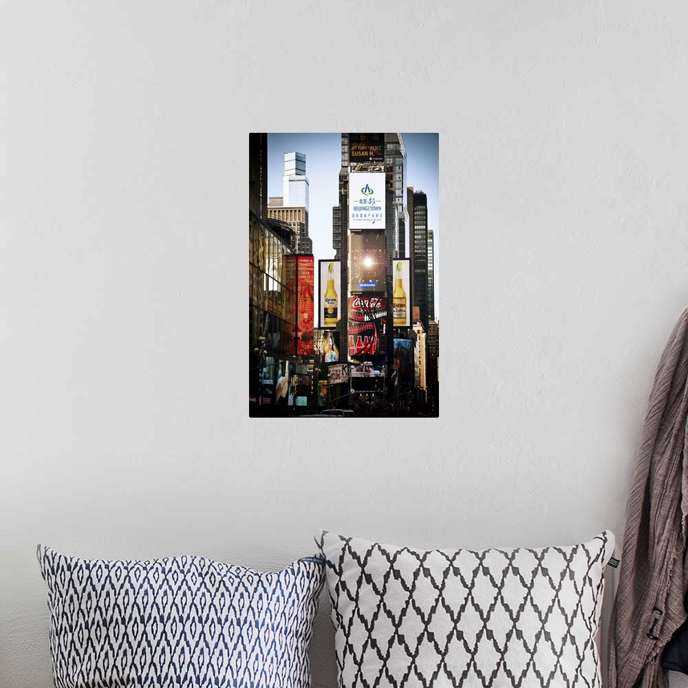 A bohemian room featuring Fine art photo of the billboards and electronic signs on the buildings in Times Square.