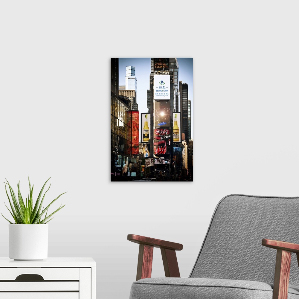 A modern room featuring Fine art photo of the billboards and electronic signs on the buildings in Times Square.