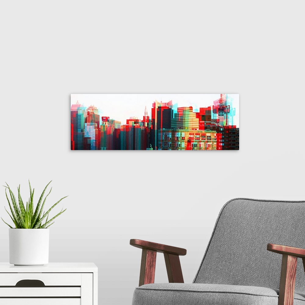 A modern room featuring Photograph of New York city architecture with multiple exposures resembling anaglyph 3D images.