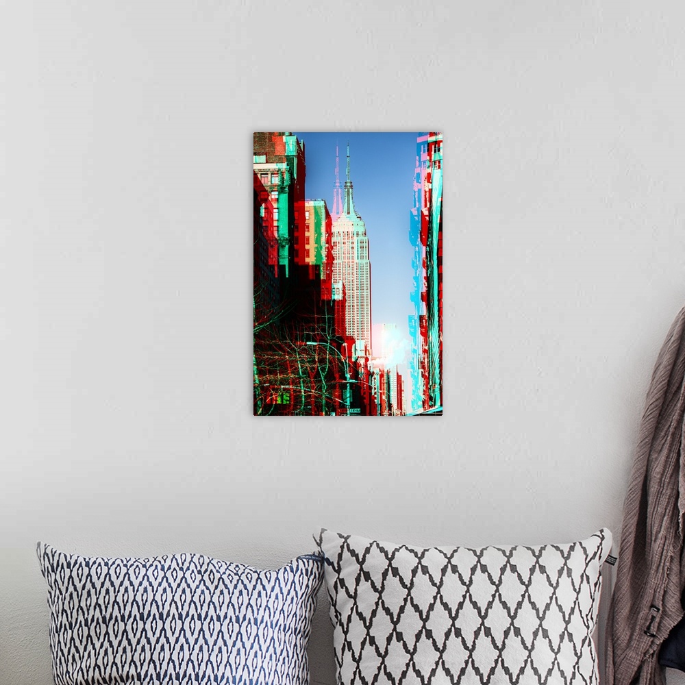 A bohemian room featuring Photograph of New York city architecture with multiple exposures resembling anaglyph 3D images.