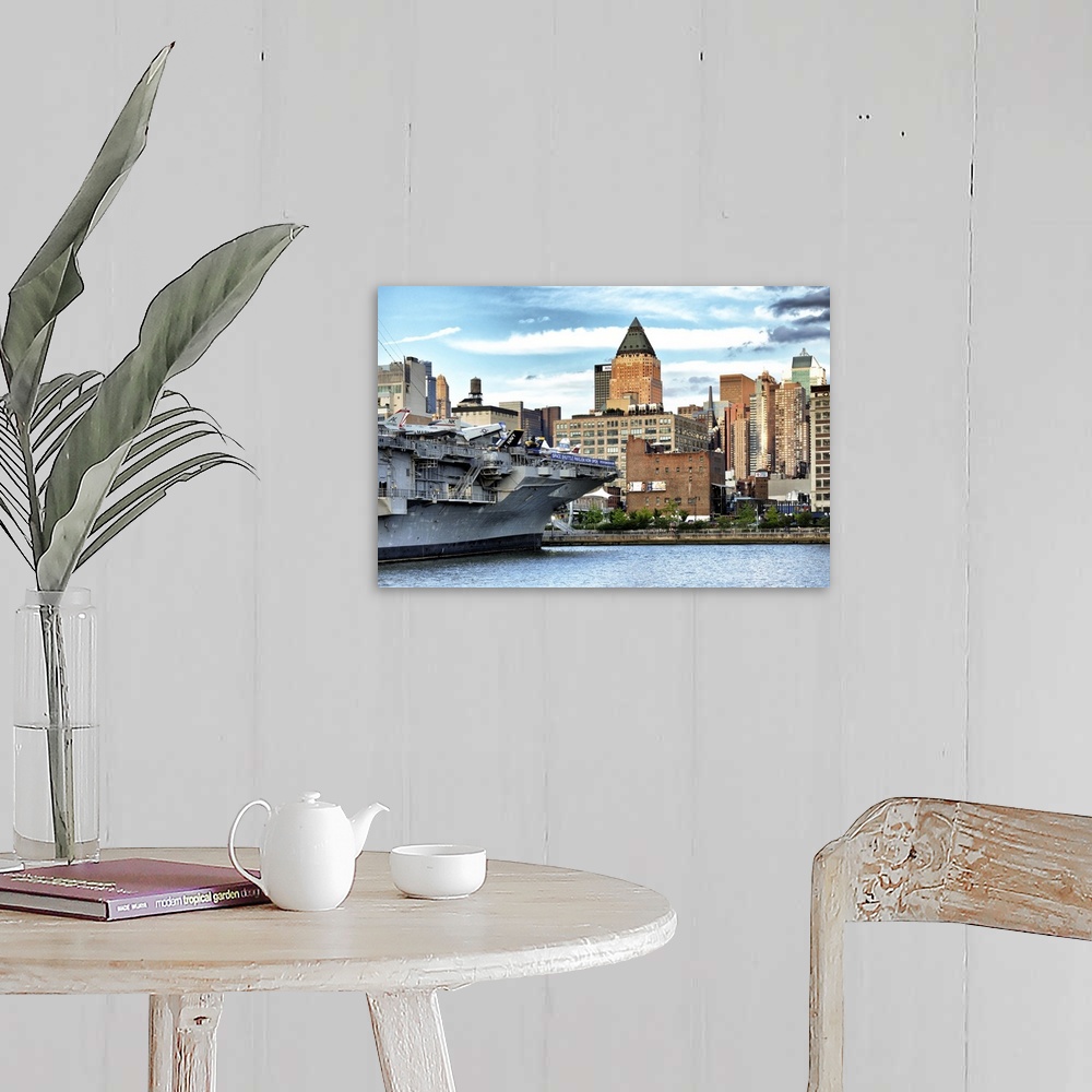 A farmhouse room featuring Fine art photo of a large military ship in New York harbor.