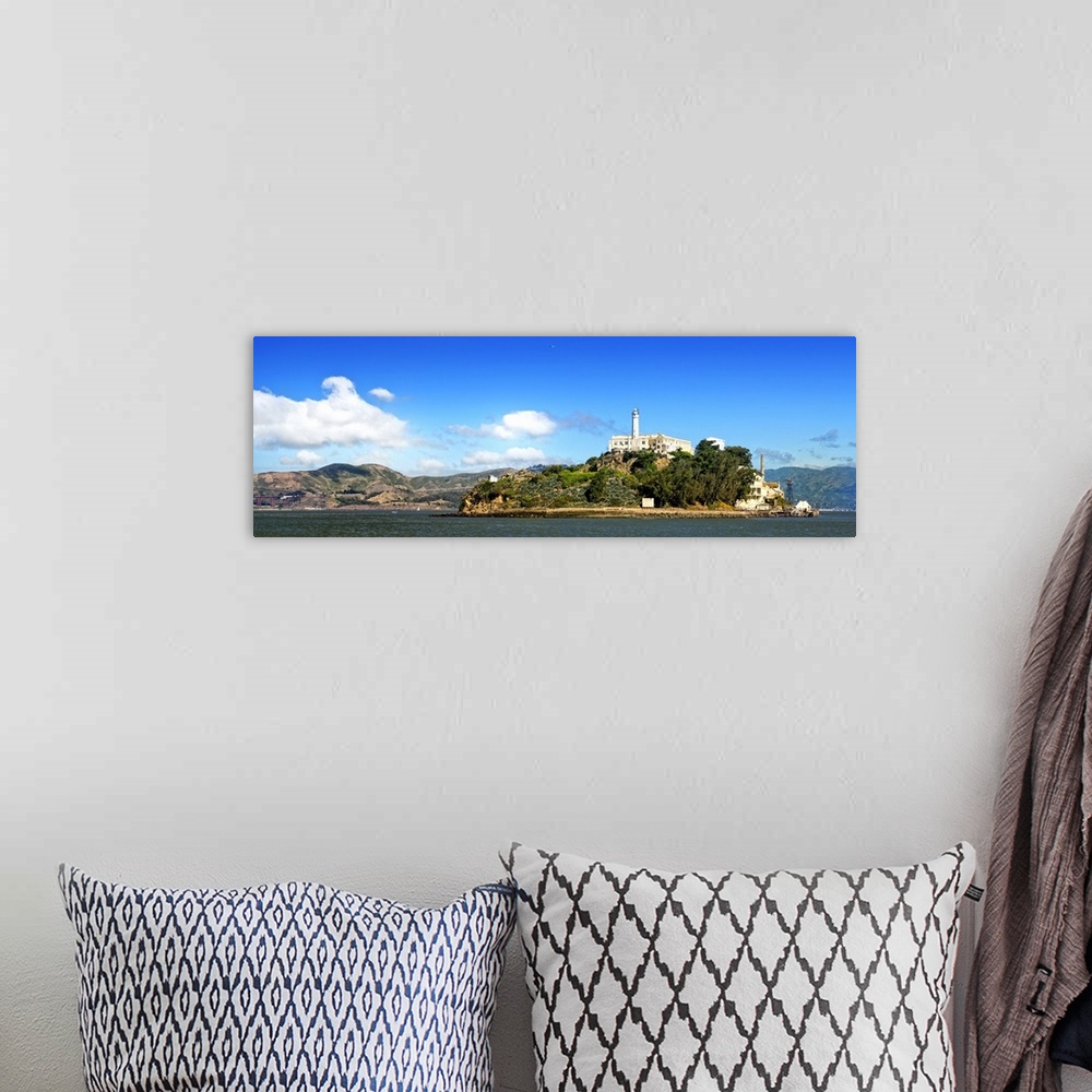 A bohemian room featuring View of the island of Alcatraz in the San Francisco Bay on a beautiful clear day.