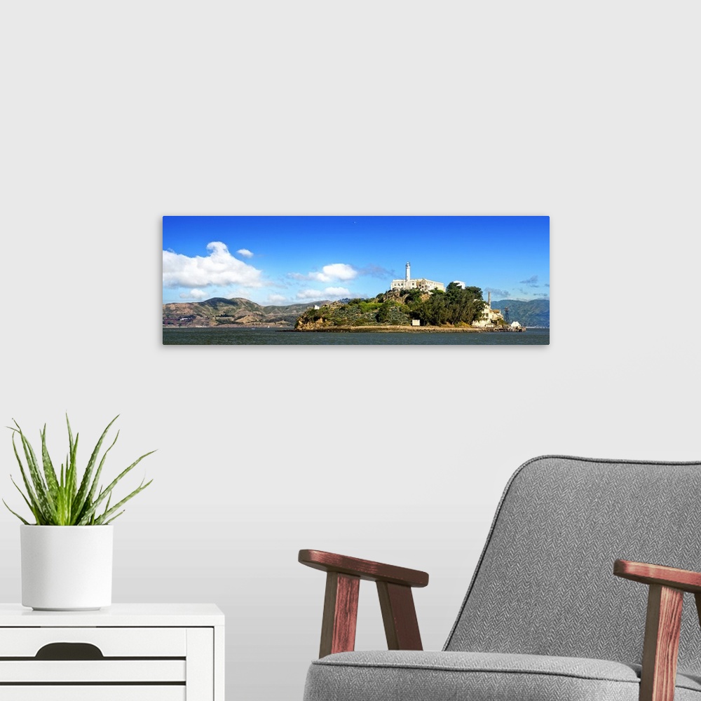 A modern room featuring View of the island of Alcatraz in the San Francisco Bay on a beautiful clear day.