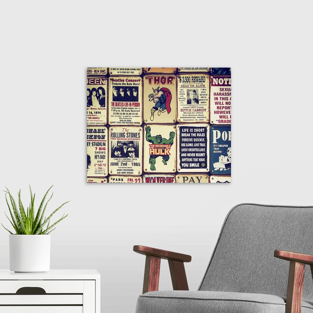 A modern room featuring Souvenir metal signs for sale in London, featuring superheroes, sarcastic sayings, and popular mu...