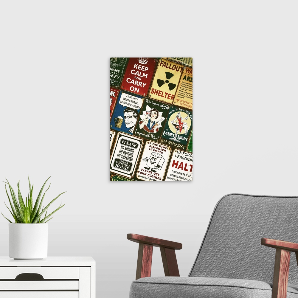 A modern room featuring Souvenir metal signs for sale in London, featuring sarcastic phrases and iconic images.