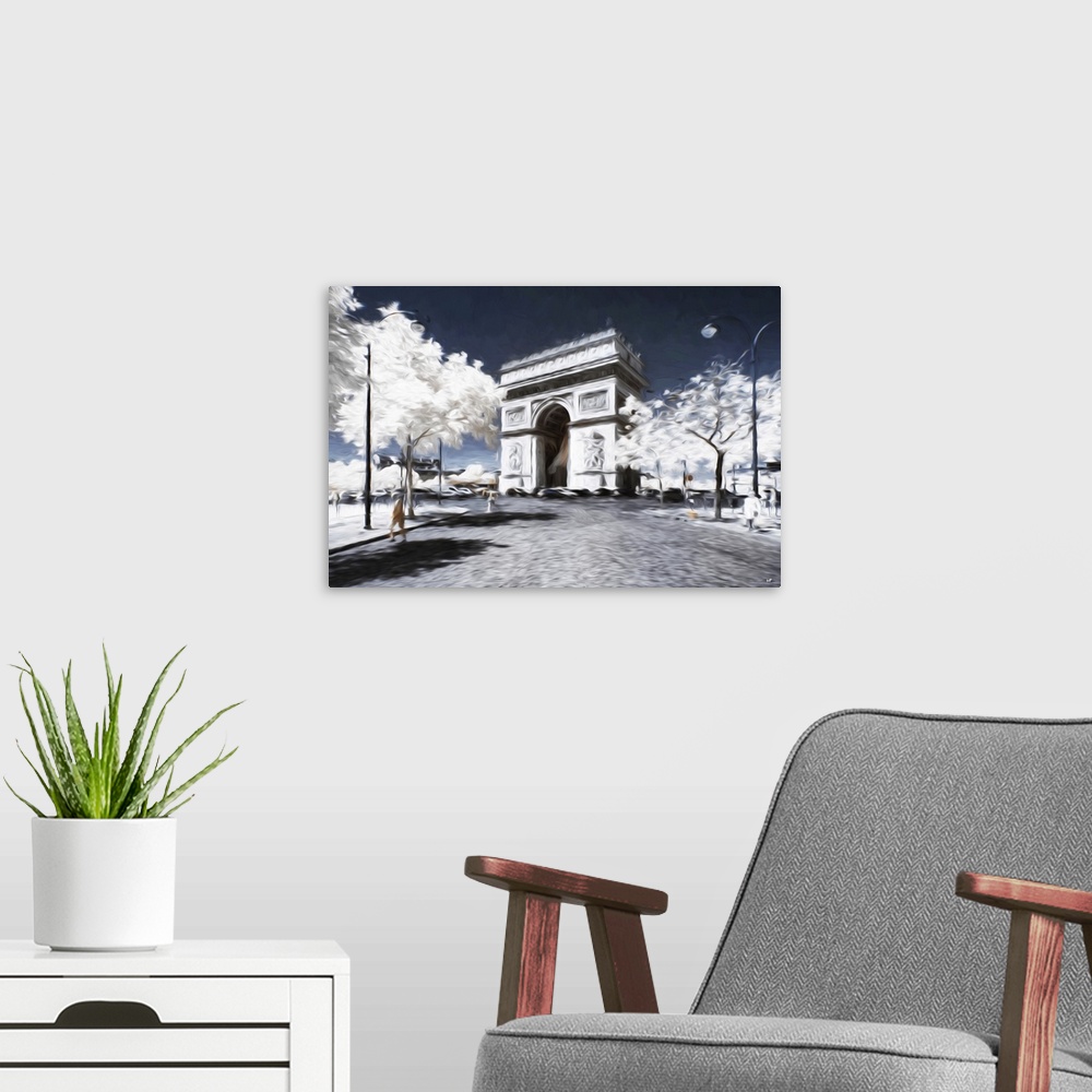 A modern room featuring Infrared photograph with a painterly effect of Paris.