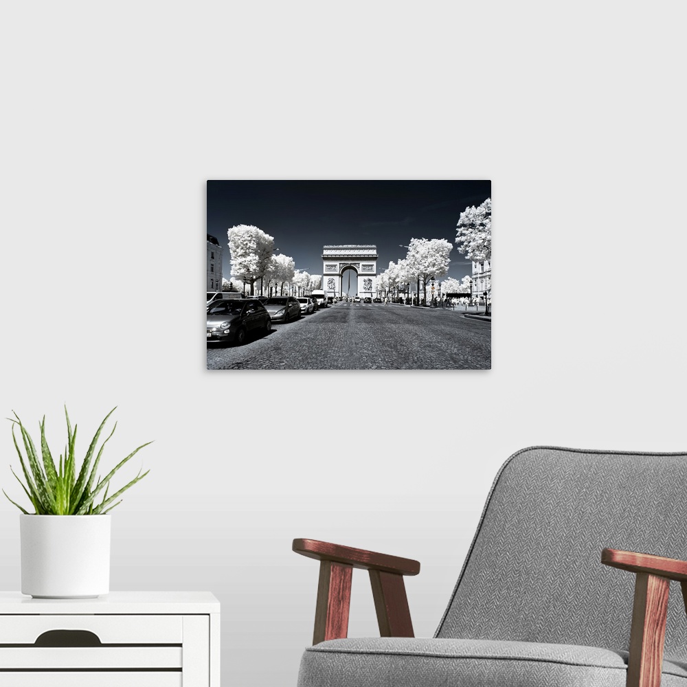 A modern room featuring A view of the Arc de Triomphe in Paris with selective coloring. From the "Another Look" series.