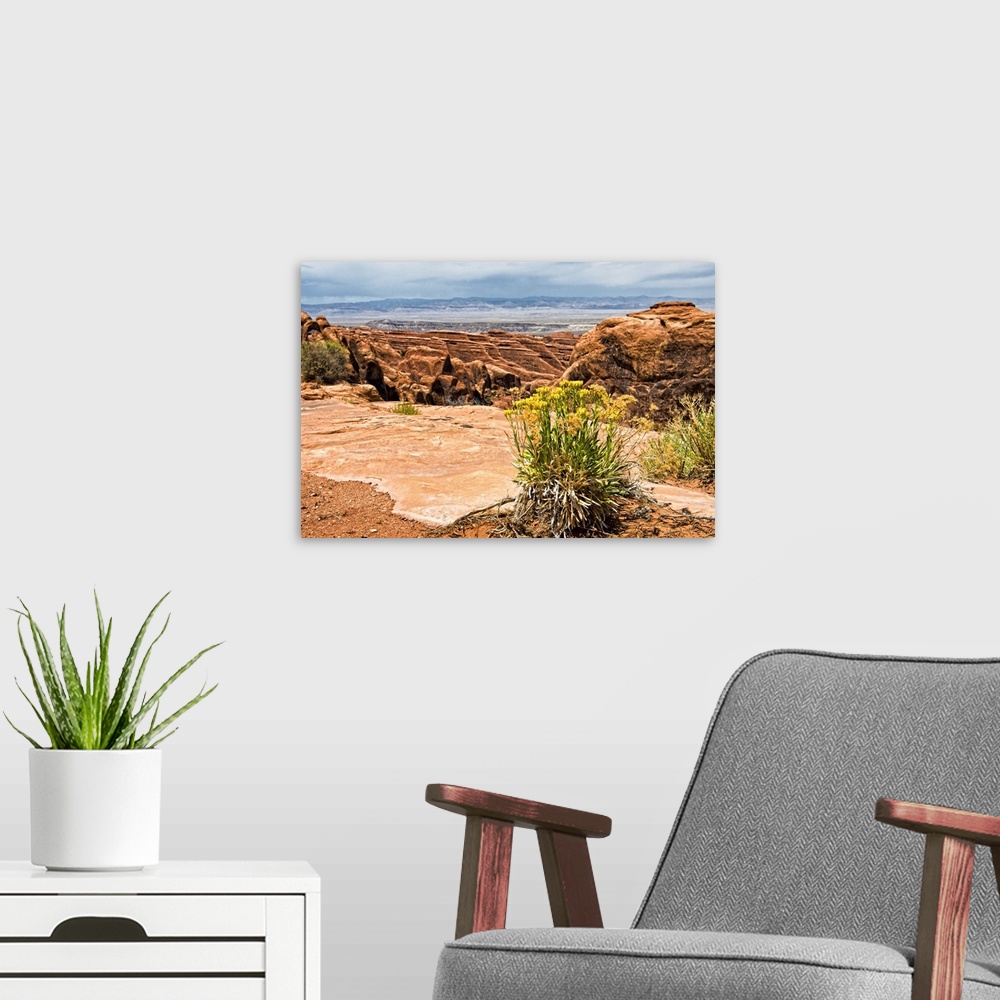 A modern room featuring The rocky desert landscape of Arches National Park in Moab, Utah.