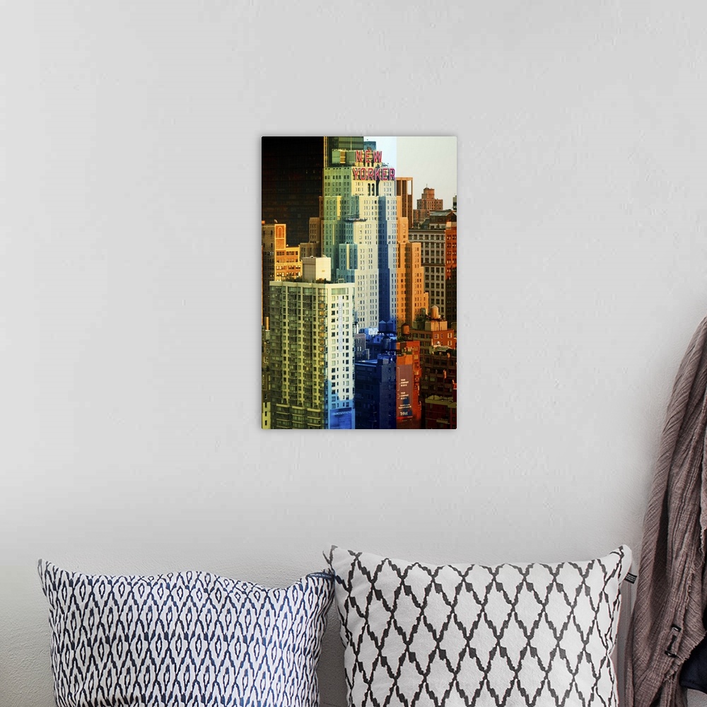 A bohemian room featuring Fine art photo of skyscrapers in New York City with artistic color blocks.