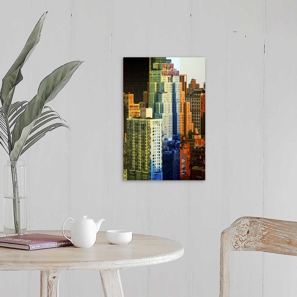 A farmhouse room featuring Fine art photo of skyscrapers in New York City with artistic color blocks.