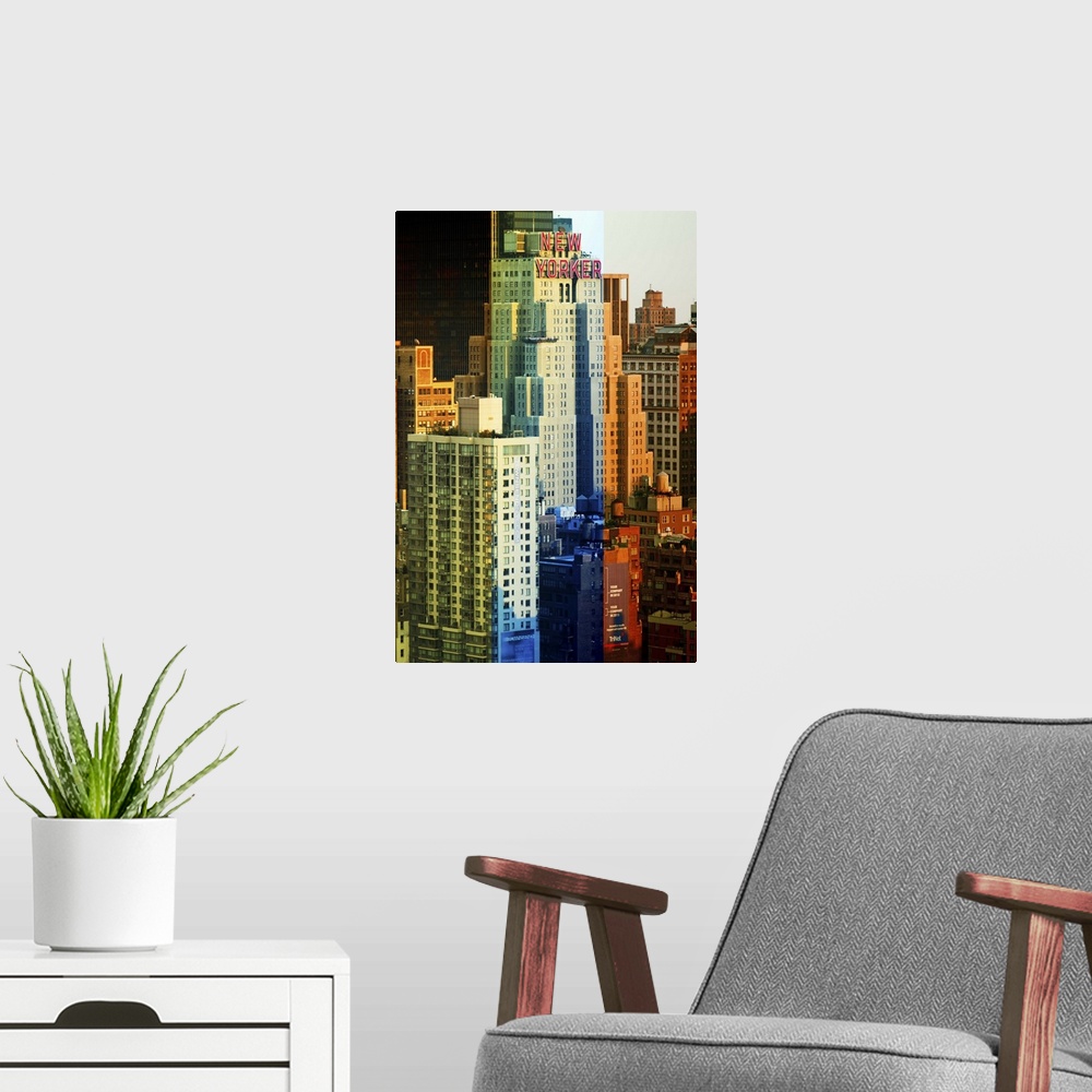 A modern room featuring Fine art photo of skyscrapers in New York City with artistic color blocks.