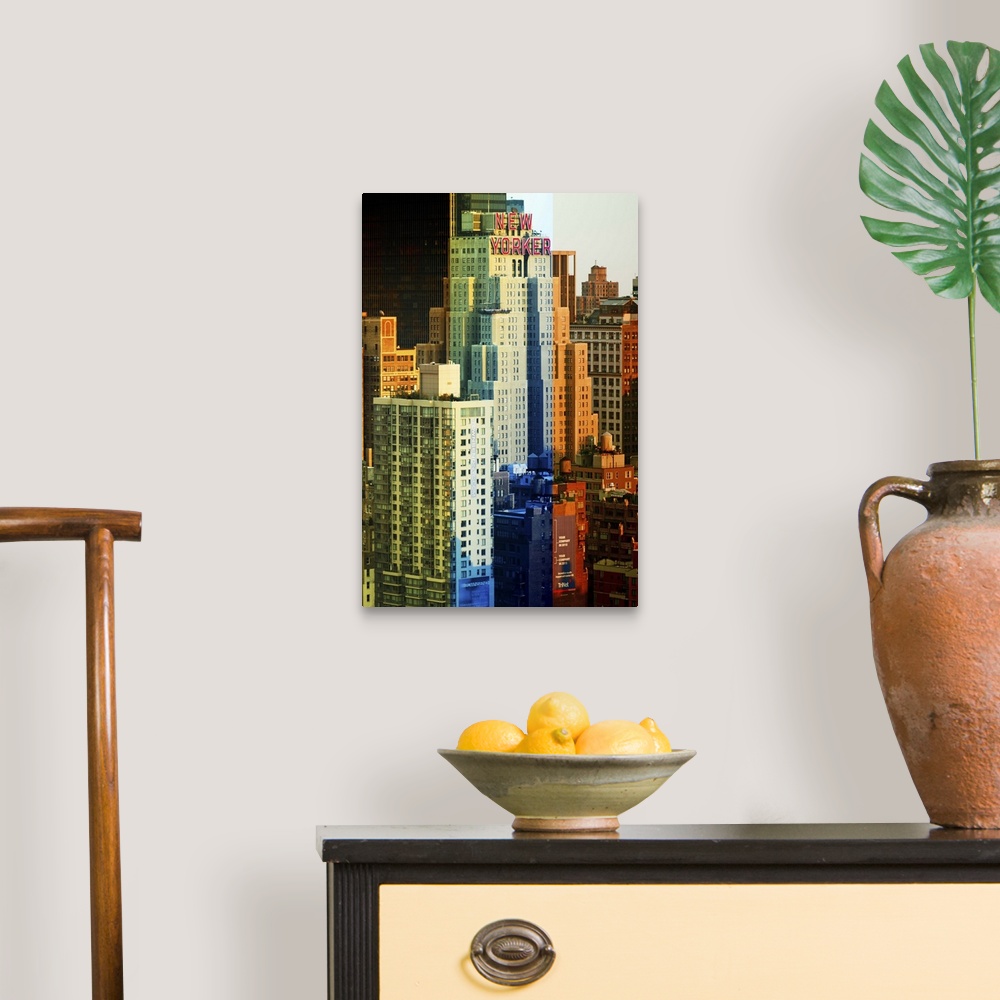 A traditional room featuring Fine art photo of skyscrapers in New York City with artistic color blocks.
