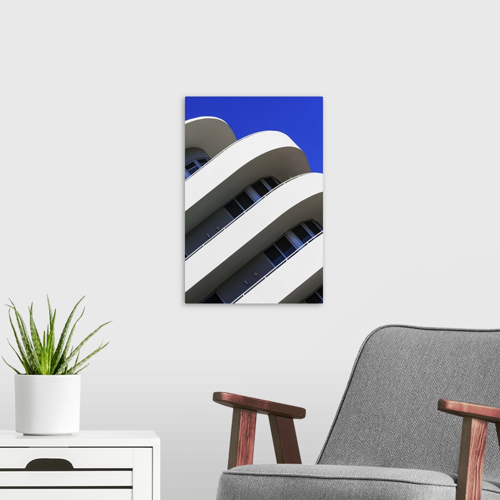 A modern room featuring Abstract photo of balconies on an Art Deco style building in Miami Beach, Florida.
