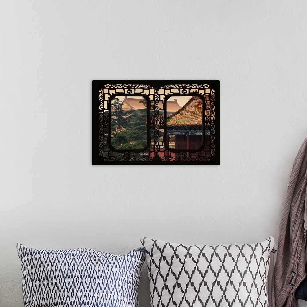 A bohemian room featuring Asian Window, Roofs of Forbidden City at Sunset, Beijing, China 10MKm2 Collection.