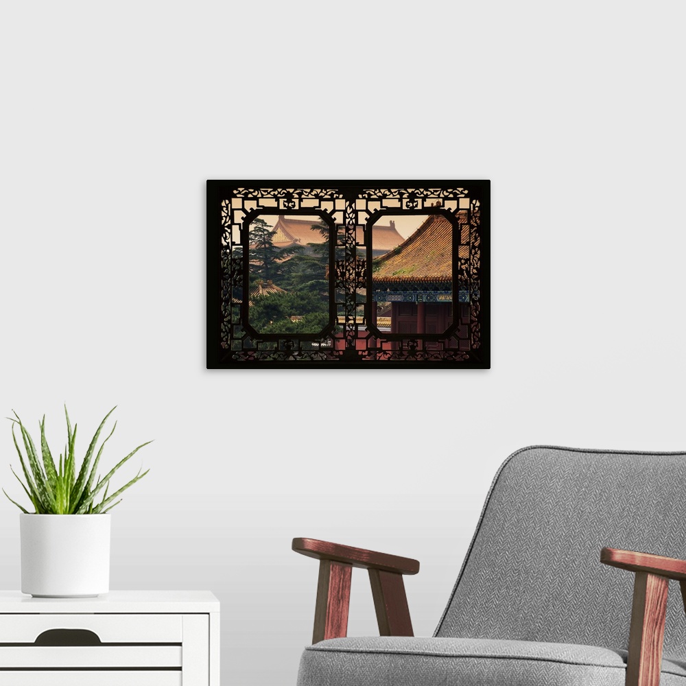 A modern room featuring Asian Window, Roofs of Forbidden City at Sunset, Beijing, China 10MKm2 Collection.