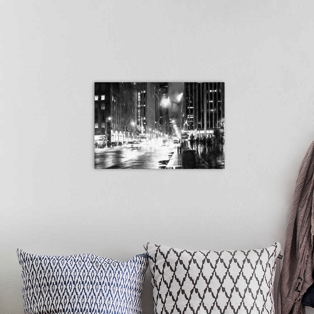 A bohemian room featuring Black and white photograph with a painterly effect of NYC at night.