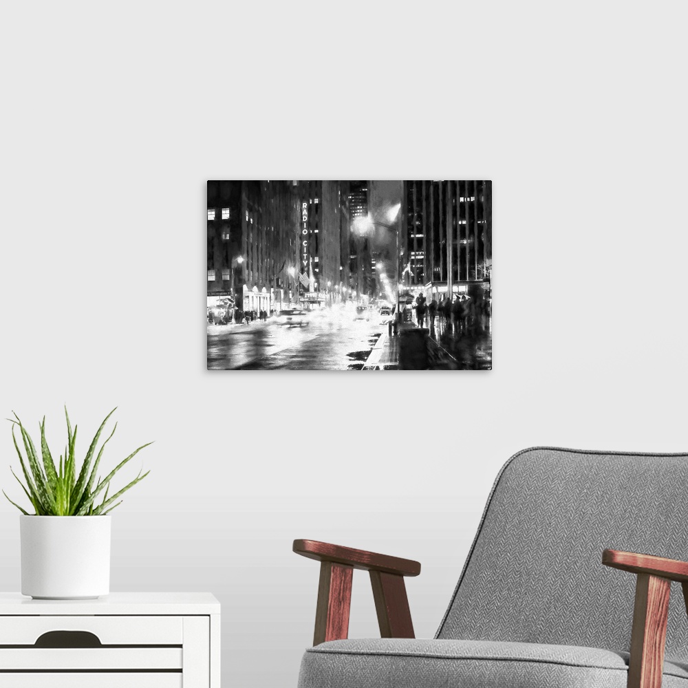 A modern room featuring Black and white photograph with a painterly effect of NYC at night.