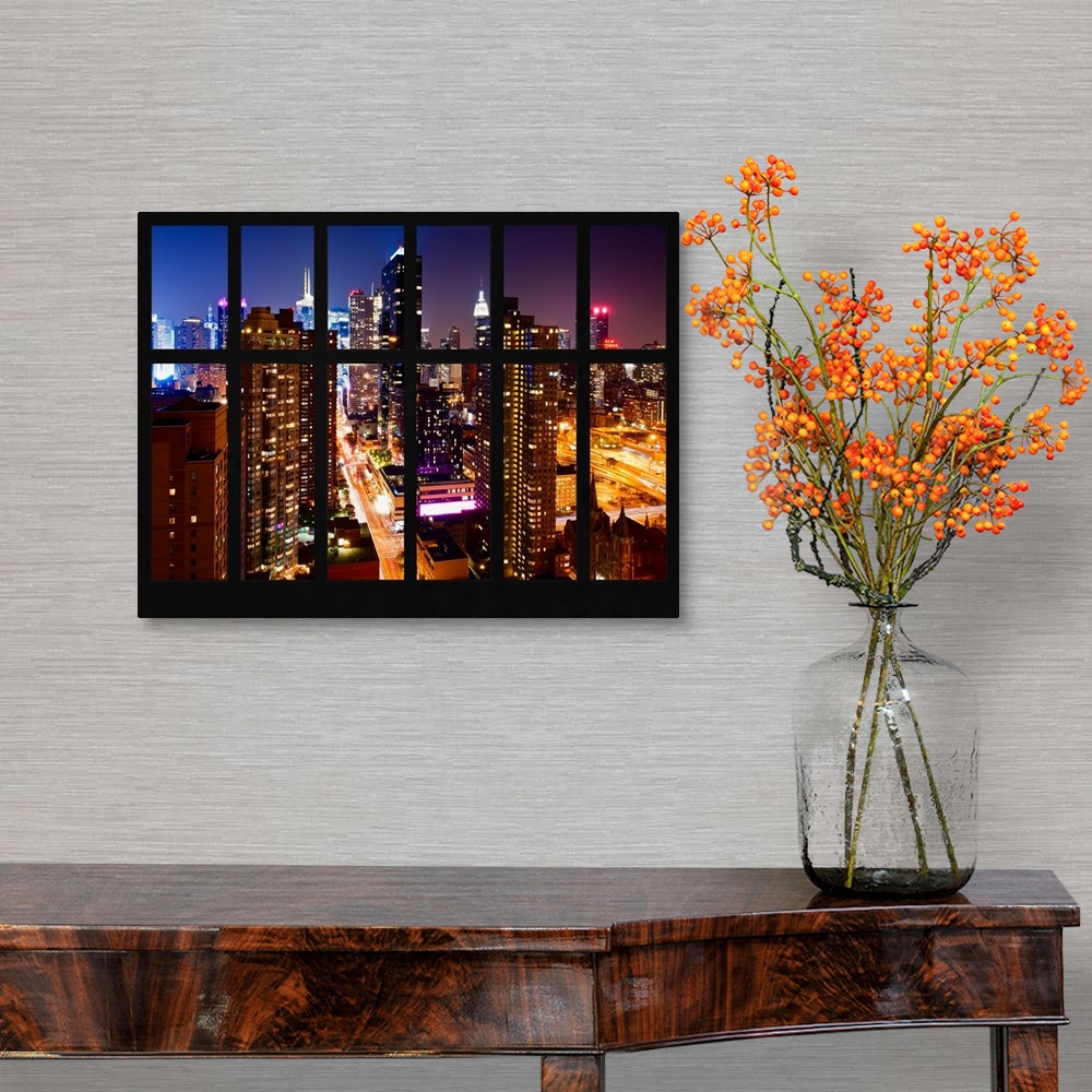 A traditional room featuring Artistic photograph New York city at night as if viewed from a window.