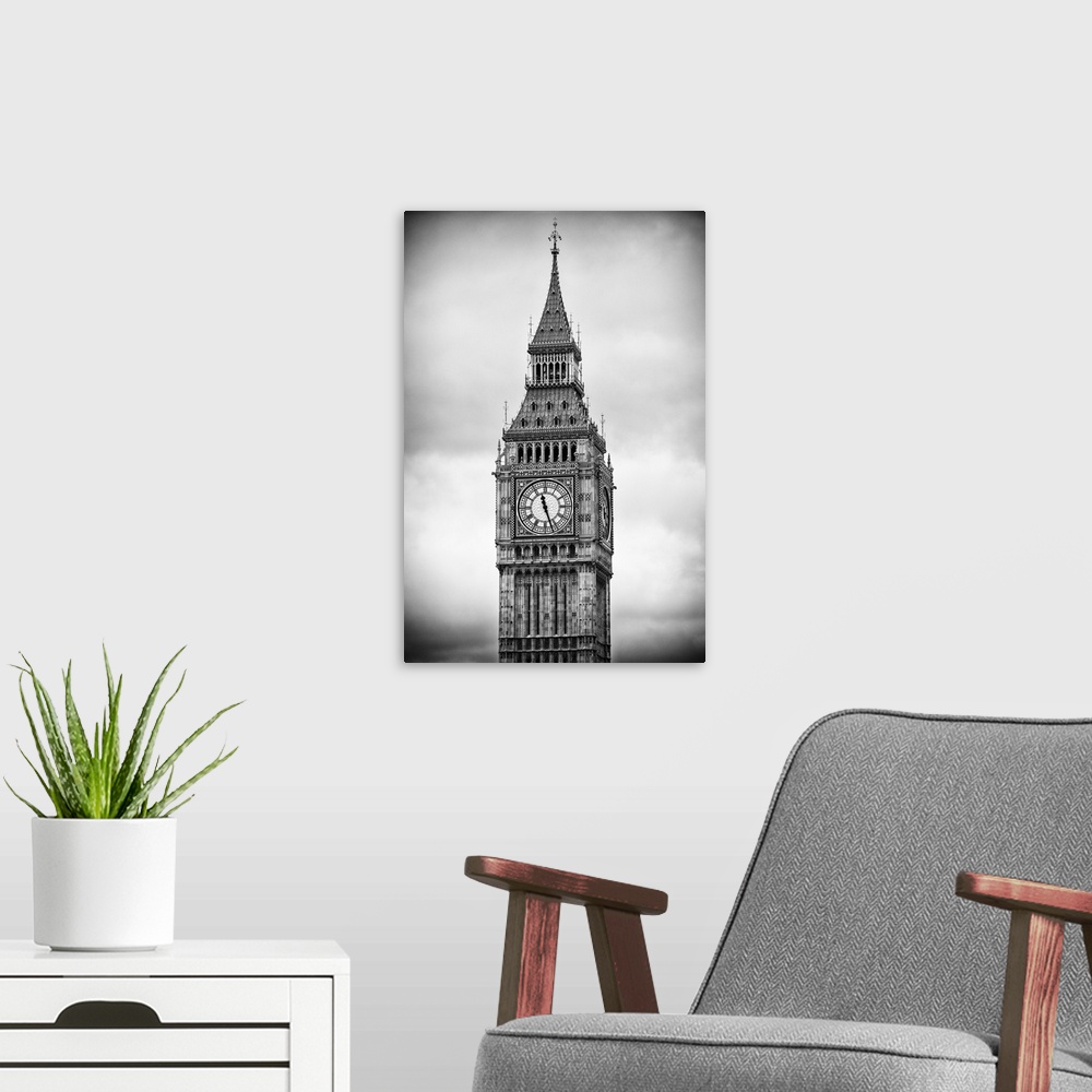 A modern room featuring Black and white photograph of the clock tower on an overcast day.