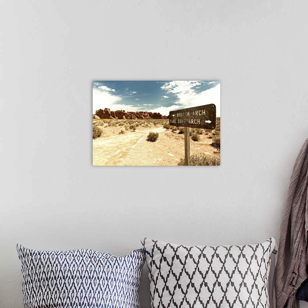 A bohemian room featuring Signpost pointing towards Arches in opposite directions in the desert.