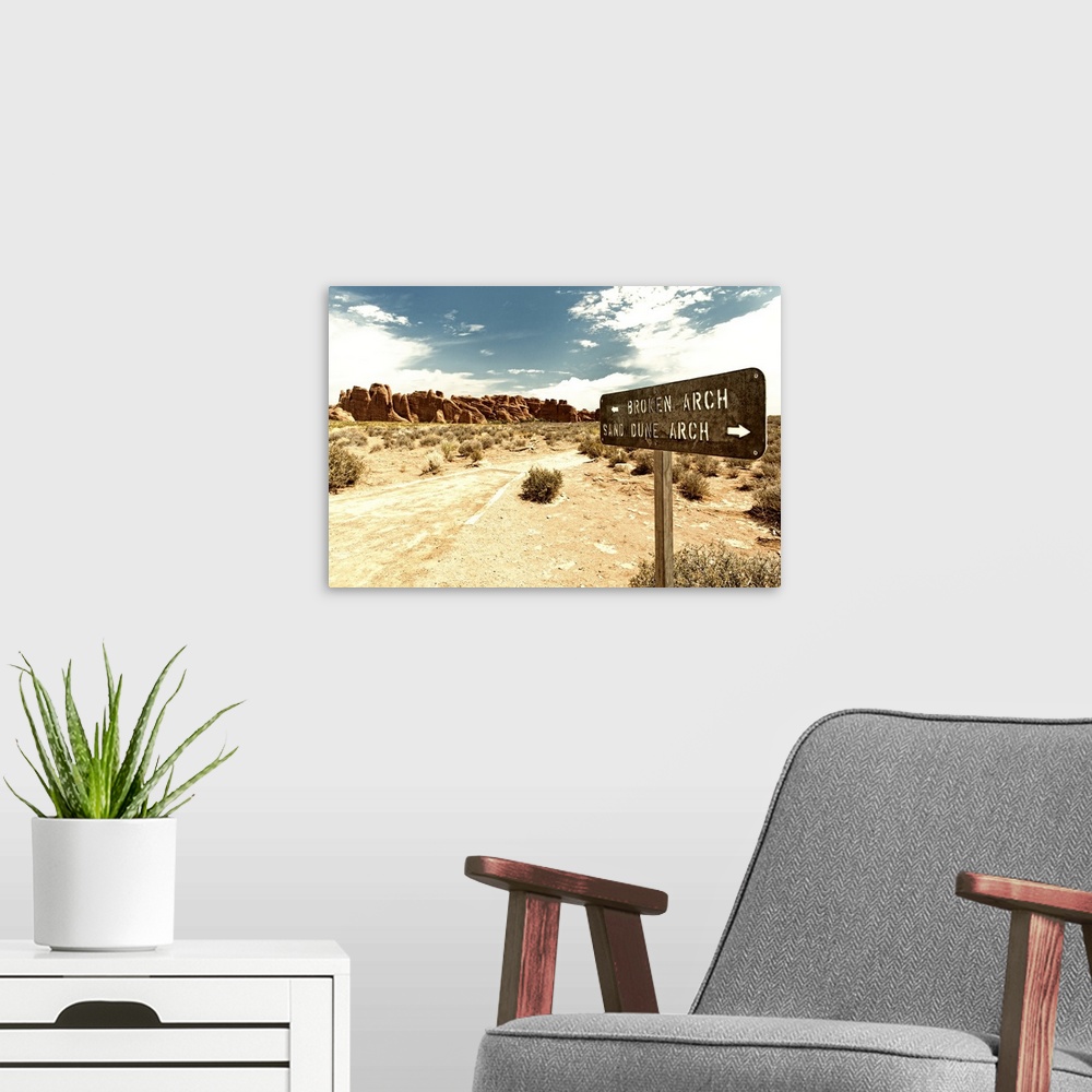 A modern room featuring Signpost pointing towards Arches in opposite directions in the desert.