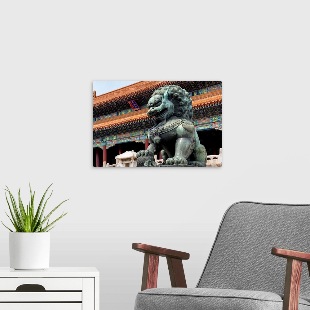 A modern room featuring Bronze Chinese Lion in Forbidden City, China 10MKm2 Collection.