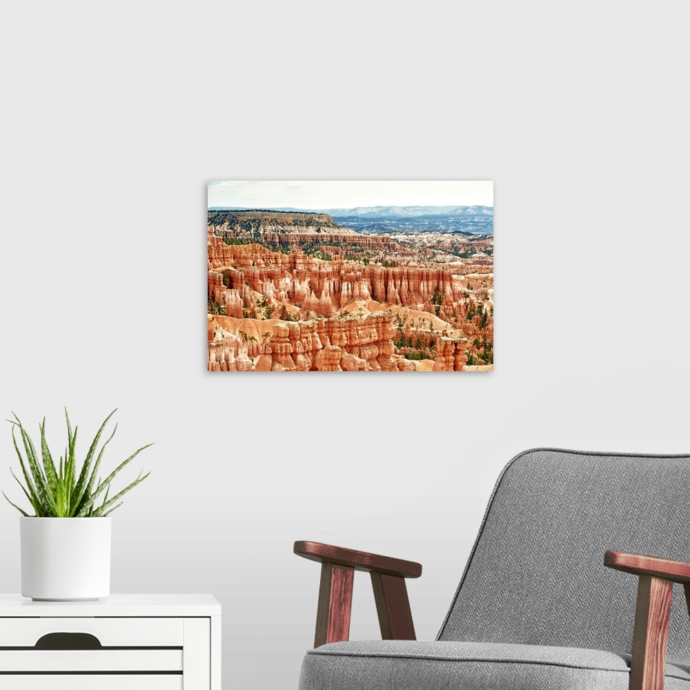 A modern room featuring Fine art photo of the rock formations in Bryce Canyon in the desert, Utah.
