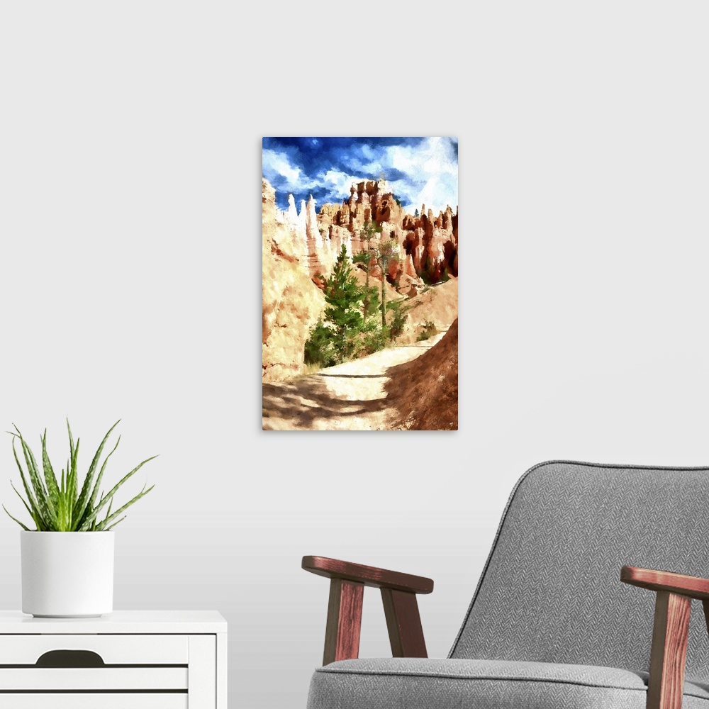 A modern room featuring A photograph of Bryce Canyon, Utah with a painterly effect.