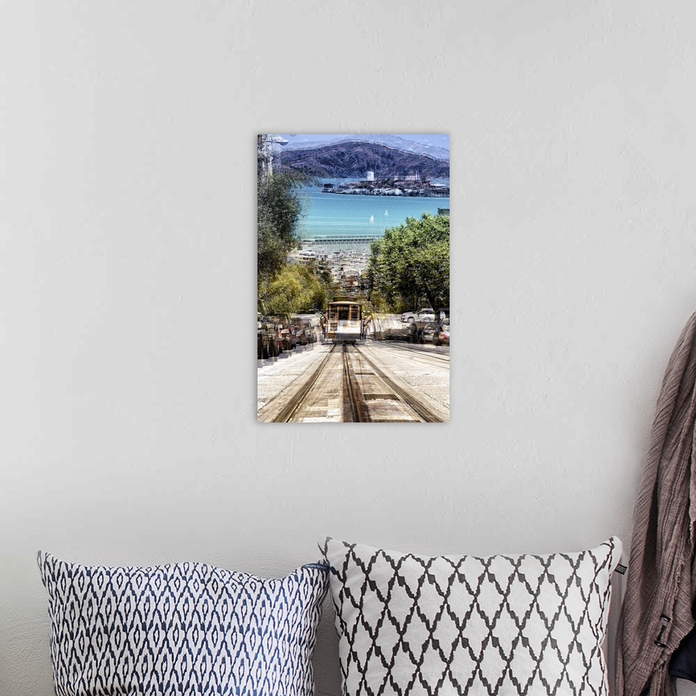 A bohemian room featuring Tram going up a hill in San Francisco with a view of the bay with a layered effect creating a fee...