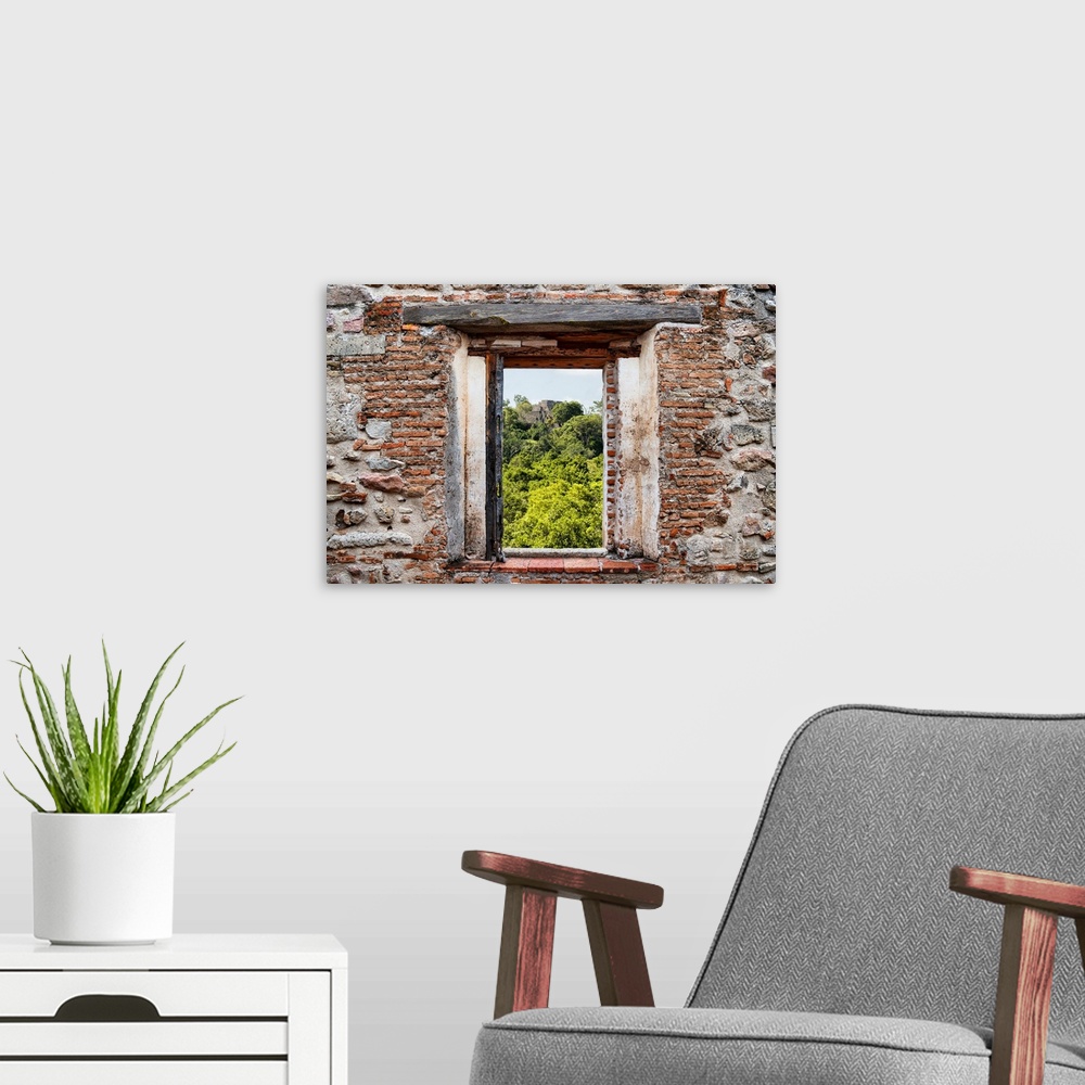 A modern room featuring View of the ancient Mayan City of Calakmul, Mexico, framed through a stony, brick window. From th...