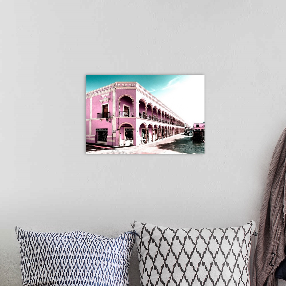 A bohemian room featuring Photograph of a street view in Campeche, Mexico with pink architecture. From the Viva Mexico Coll...
