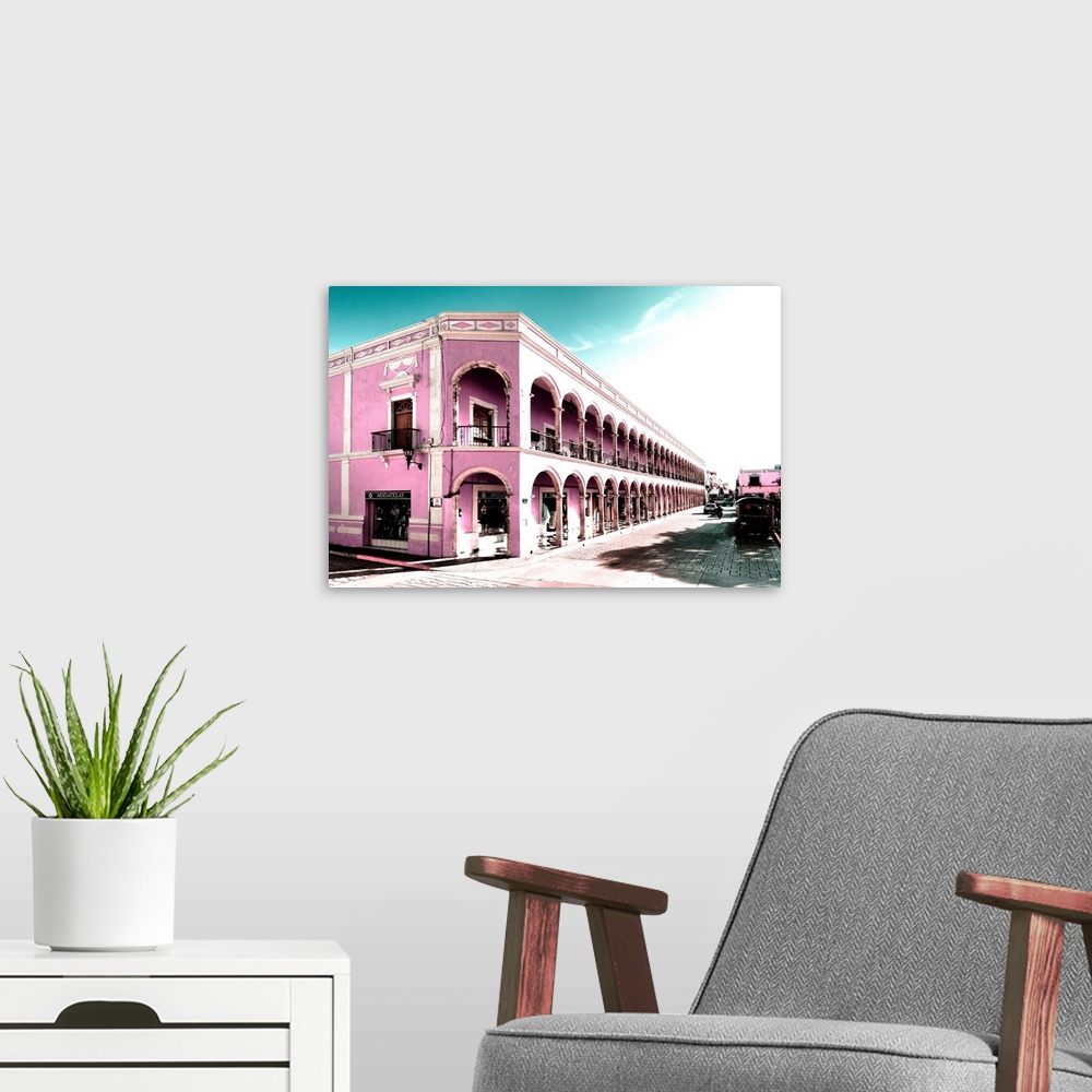 A modern room featuring Photograph of a street view in Campeche, Mexico with pink architecture. From the Viva Mexico Coll...
