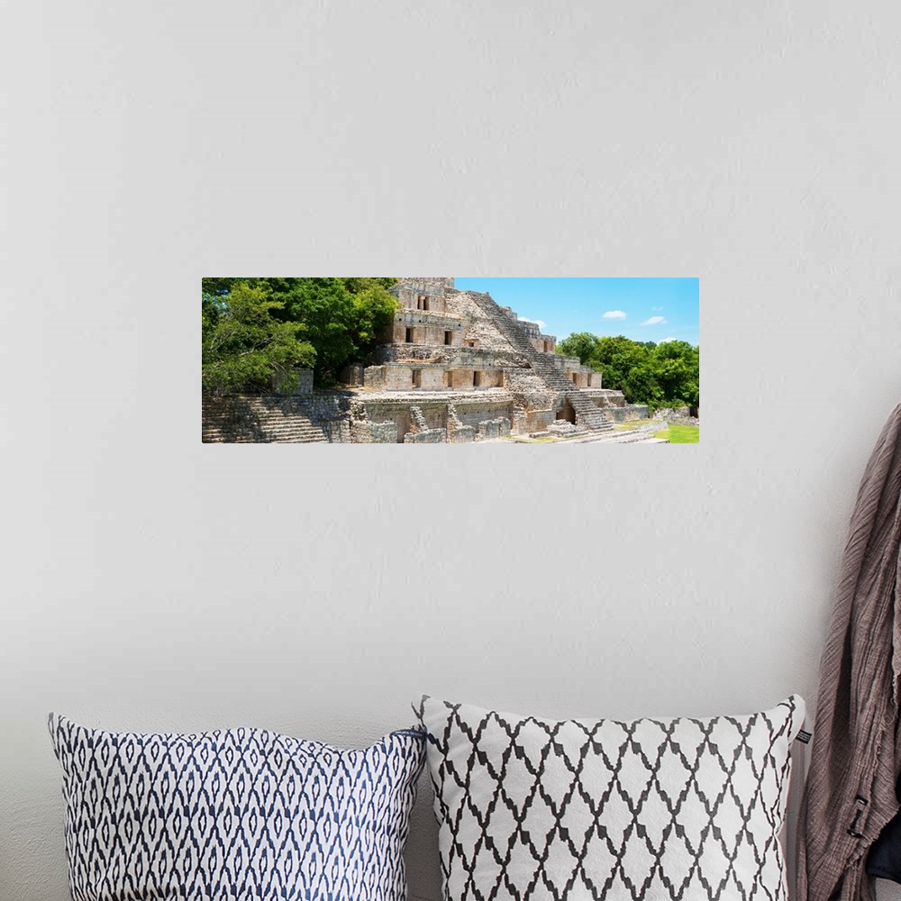 A bohemian room featuring Panoramic photograph of ancient Mayan ruins at an archaeological site in Campeche, Mexico. From t...