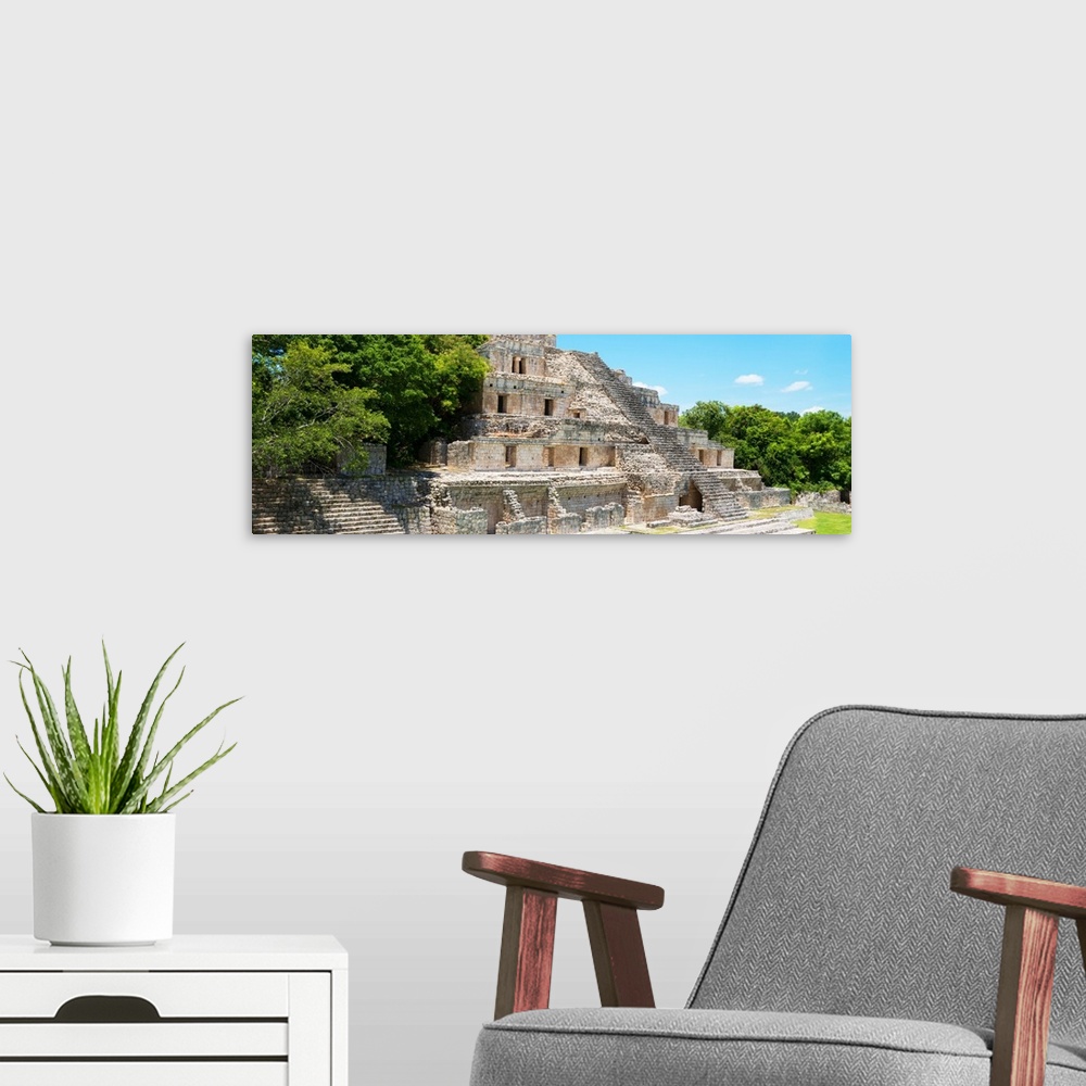 A modern room featuring Panoramic photograph of ancient Mayan ruins at an archaeological site in Campeche, Mexico. From t...