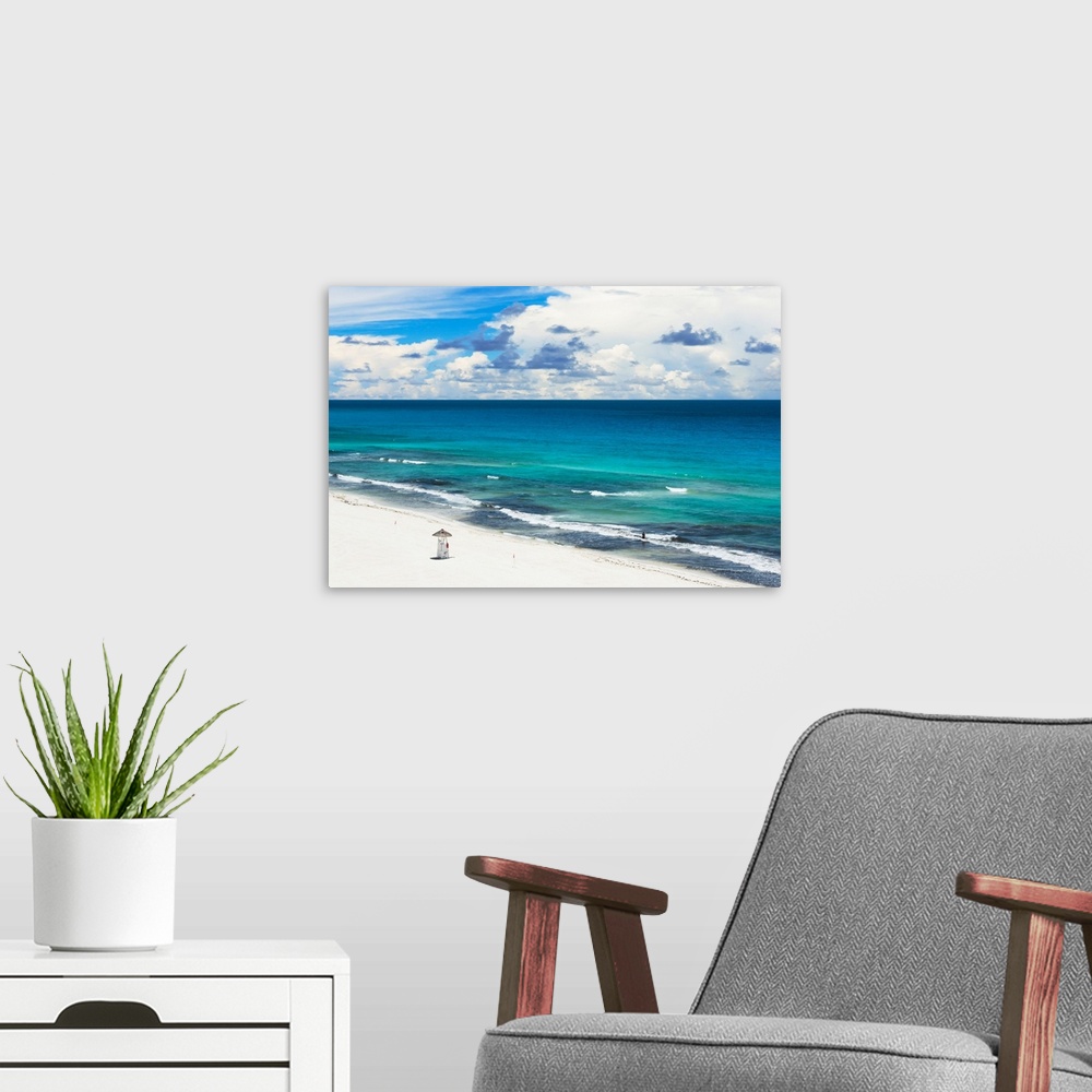 A modern room featuring Aerial photograph of the beach in Cancun, Mexico. From the Viva Mexico Collection.