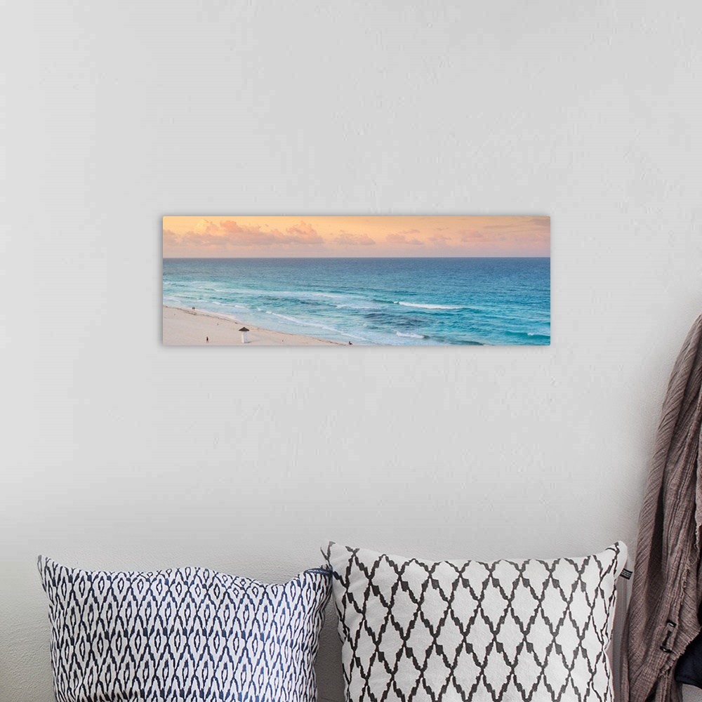 A bohemian room featuring Panoramic aerial photograph of the ocean in Cancun, Mexico at sunset. From the Viva Mexico Panora...