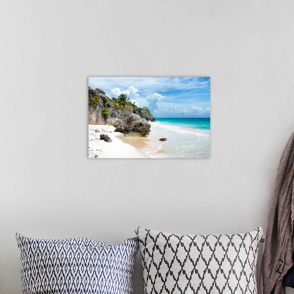 A bohemian room featuring Photograph of a clear and beautiful beach shore on the Caribbean, Mexico. From the Viva Mexico Co...